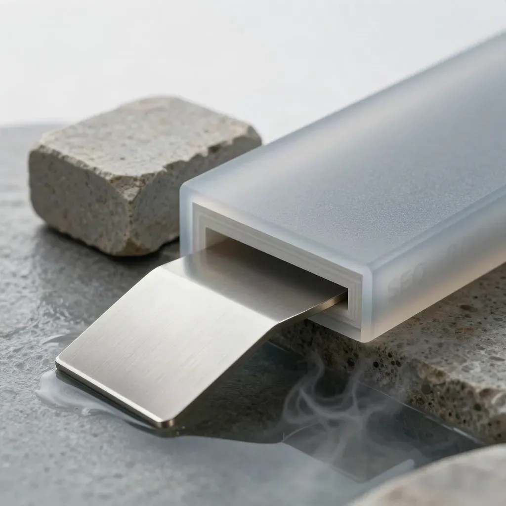 Macro frosted acrylic SEO audit deck beside water with stone and metal details.