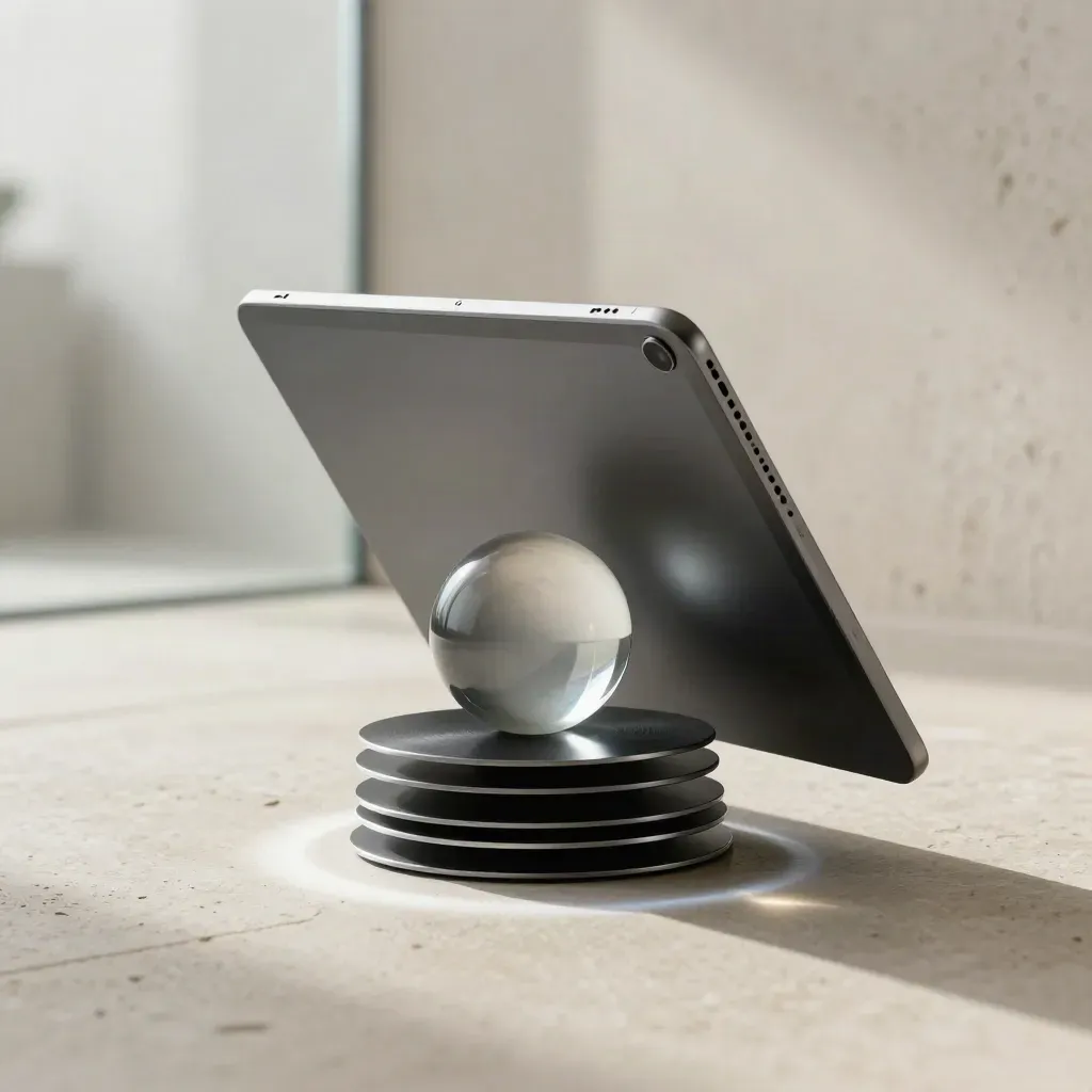 Charcoal launch stack with tablet, glass orb, and signal discs on a limestone floor.