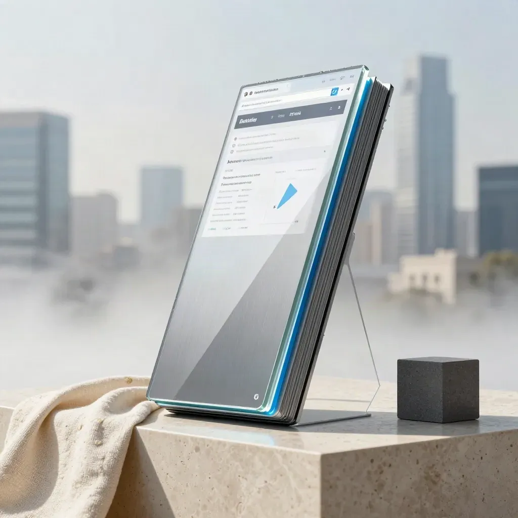Low-angle glass-and-metal startup growth totem with blue highlights in a bright studio.