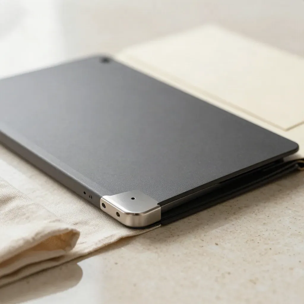 Premium launch folio with dark tablet, folded stand, and brushed metal corner on travertine.