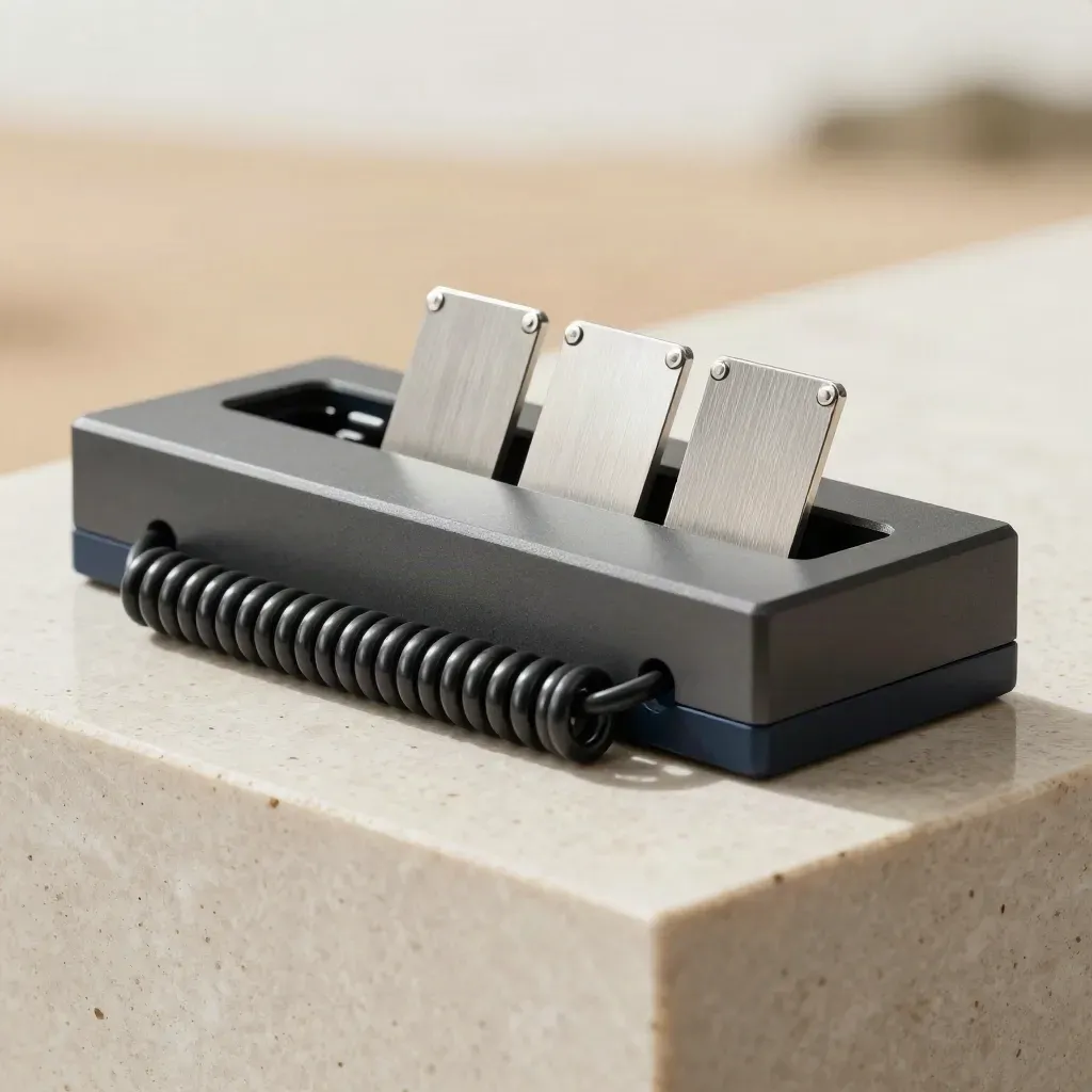 Precision feed-fix kit on travertine with cable coil and alignment cards, low-angle studio hero.