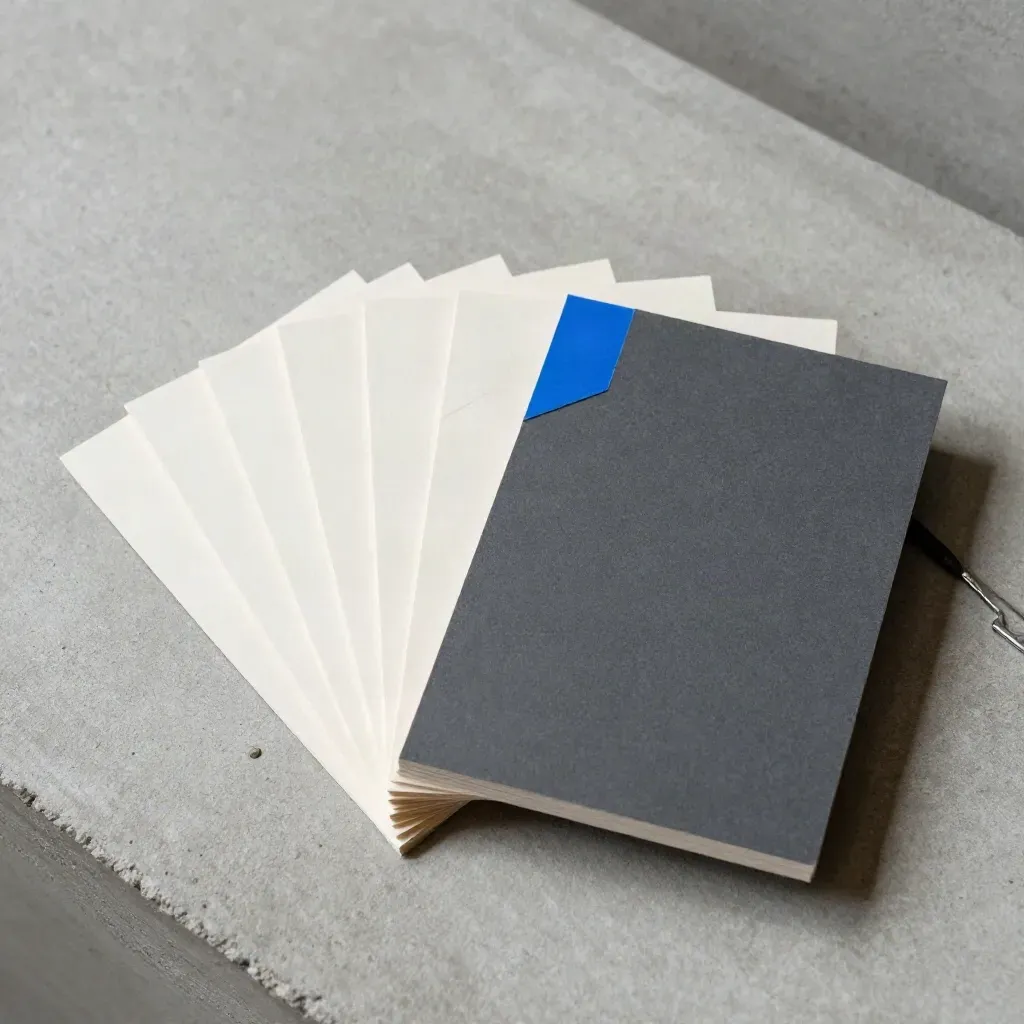 Overhead flatlay of reply cards with a pencil stub, clip, and folded tabs on concrete.