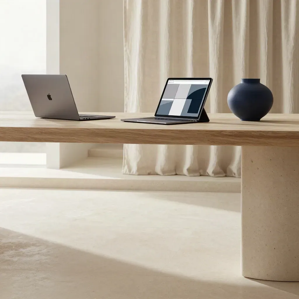 Bright limestone studio lounge with oak edge, curtain, laptop, tablet, and blurred stairwell.