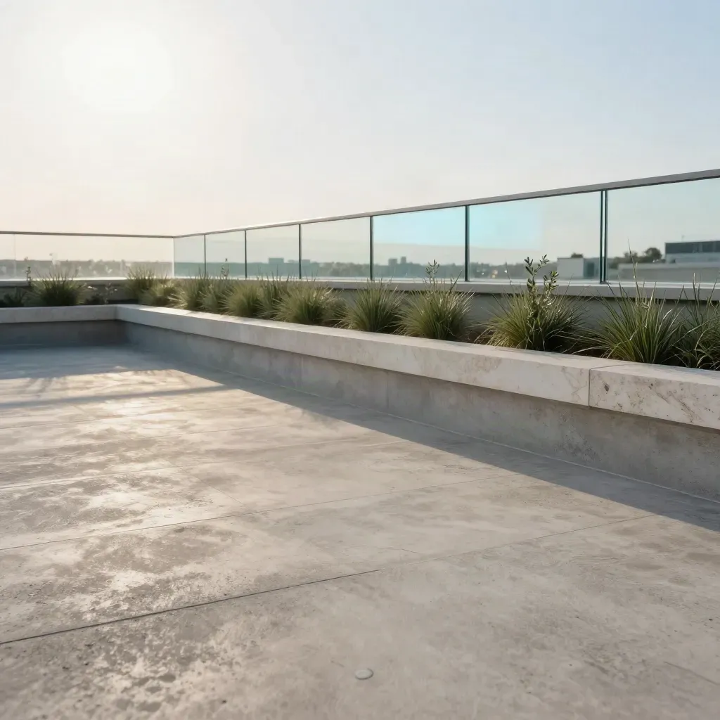 Sunlit concrete rooftop with quartz ledge, clipped grass, and glass rails under soft haze
